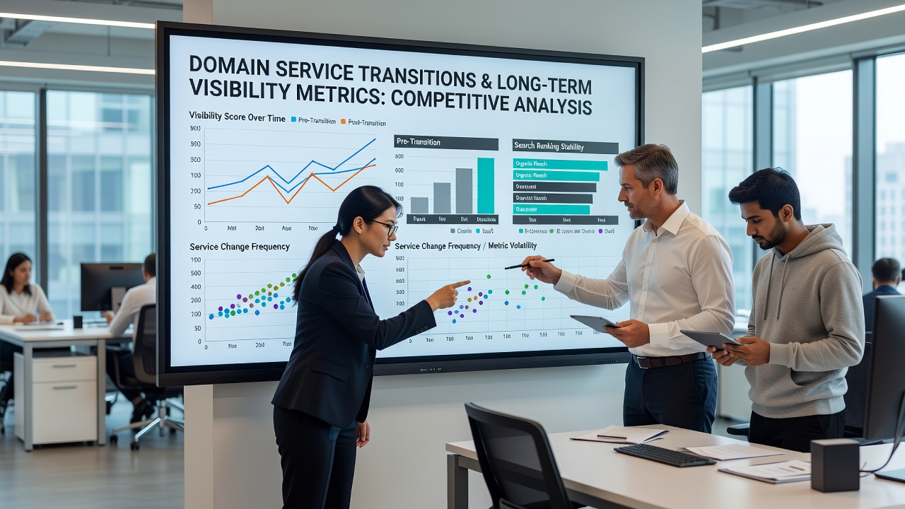 Time-series graph from tracking platform illustrating visibility metric trends before and after multiple domain service transitions across competitive niche websites